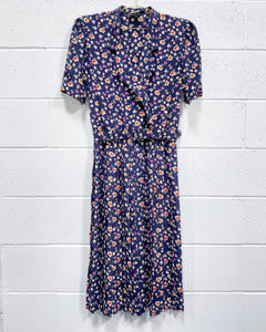 Vintage Navy Blue Dress with Flowers