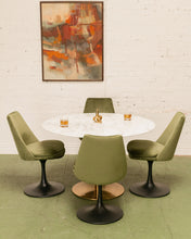 Load image into Gallery viewer, Modern Daisy upholstered chair with tapered back, rounded cushioned seat, and sculptural tulip-style pedestal base
