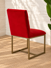 Load image into Gallery viewer, Dakota dining chair upholstered in red-orange velvet with horizontal channel ladder back and brushed gold stainless steel legs.
