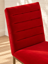 Load image into Gallery viewer, Dakota dining chair upholstered in red-orange velvet with horizontal channel ladder back and brushed gold stainless steel legs.
