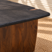 Load image into Gallery viewer, Damian solid acacia wood coffee table with a charcoal rectangular top, rounded edges, and natural brown panel-style supports.
