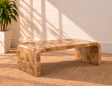 Load image into Gallery viewer, Danah rectangular ash burl wood coffee table in Mocha Latte with rounded waterfall sides and naturally figured burl wood grain. 
