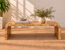 Load image into Gallery viewer, Danah rectangular ash burl wood coffee table in Mocha Latte with rounded waterfall sides and naturally figured burl wood grain.
