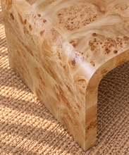 Load image into Gallery viewer, Danah rectangular ash burl wood coffee table in Mocha Latte with rounded waterfall sides and naturally figured burl wood grain.
