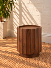 Load image into Gallery viewer, Darius side table in natural brown Mindi wood veneer with rounded edges, raised tray-style top, and concealed cabinet storage.
