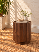 Load image into Gallery viewer, Darius side table in natural brown Mindi wood veneer with rounded edges, raised tray-style top, and concealed cabinet storage.
