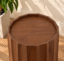Load image into Gallery viewer, Darius side table in natural brown Mindi wood veneer with rounded edges, raised tray-style top, and concealed cabinet storage.
