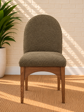 Load image into Gallery viewer, Davila Walnut dining side chair upholstered in Weathered Olive bouclé with sculptural Art Deco wood frame

