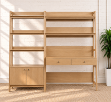 Load image into Gallery viewer, Delina two-piece natural wood workspace set with desk, open shelves, drawers, bookshelf and concealed cabinet storage

