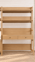 Load image into Gallery viewer, Delina two-piece natural wood workspace set with desk, open shelves, drawers, bookshelf and concealed cabinet storage
