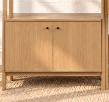 Load image into Gallery viewer, Delina two-piece natural wood workspace set with desk, open shelves, drawers, bookshelf and concealed cabinet storage
