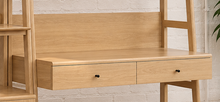 Load image into Gallery viewer, Delina two-piece natural wood workspace set with desk, open shelves, drawers, bookshelf and concealed cabinet storage
