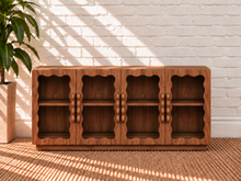 Load image into Gallery viewer, Image 1 of 4: Duran 62-Inch 4-Door Glass Buffet Credenza in Brown Walnut with scalloped glass doors and wavy wood pulls
