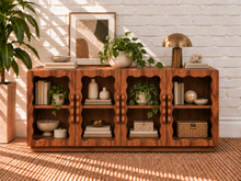 Load image into Gallery viewer, Image 2 of 4: Duran 62-Inch 4-Door Glass Buffet Credenza in Brown Walnut with scalloped glass doors and wavy wood pulls
