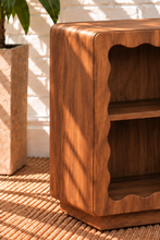 Load image into Gallery viewer, Image 4 of 4: Duran 62-Inch 4-Door Glass Buffet Credenza in Brown Walnut with scalloped glass doors and wavy wood pulls
