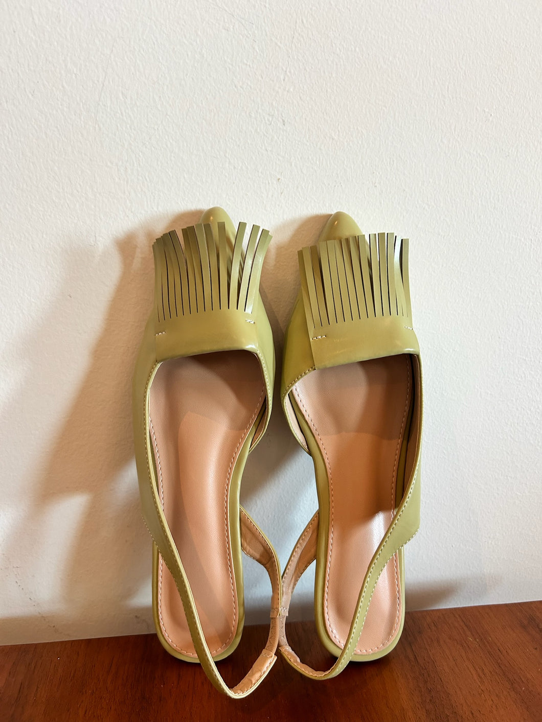 Avacado Green Fringe Low Heel Slip On