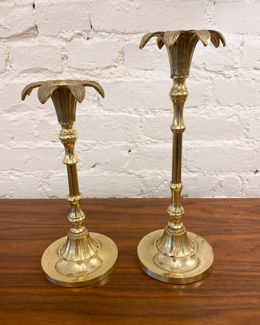 Vintage Pair of Brass Palm Tree Candle Holders