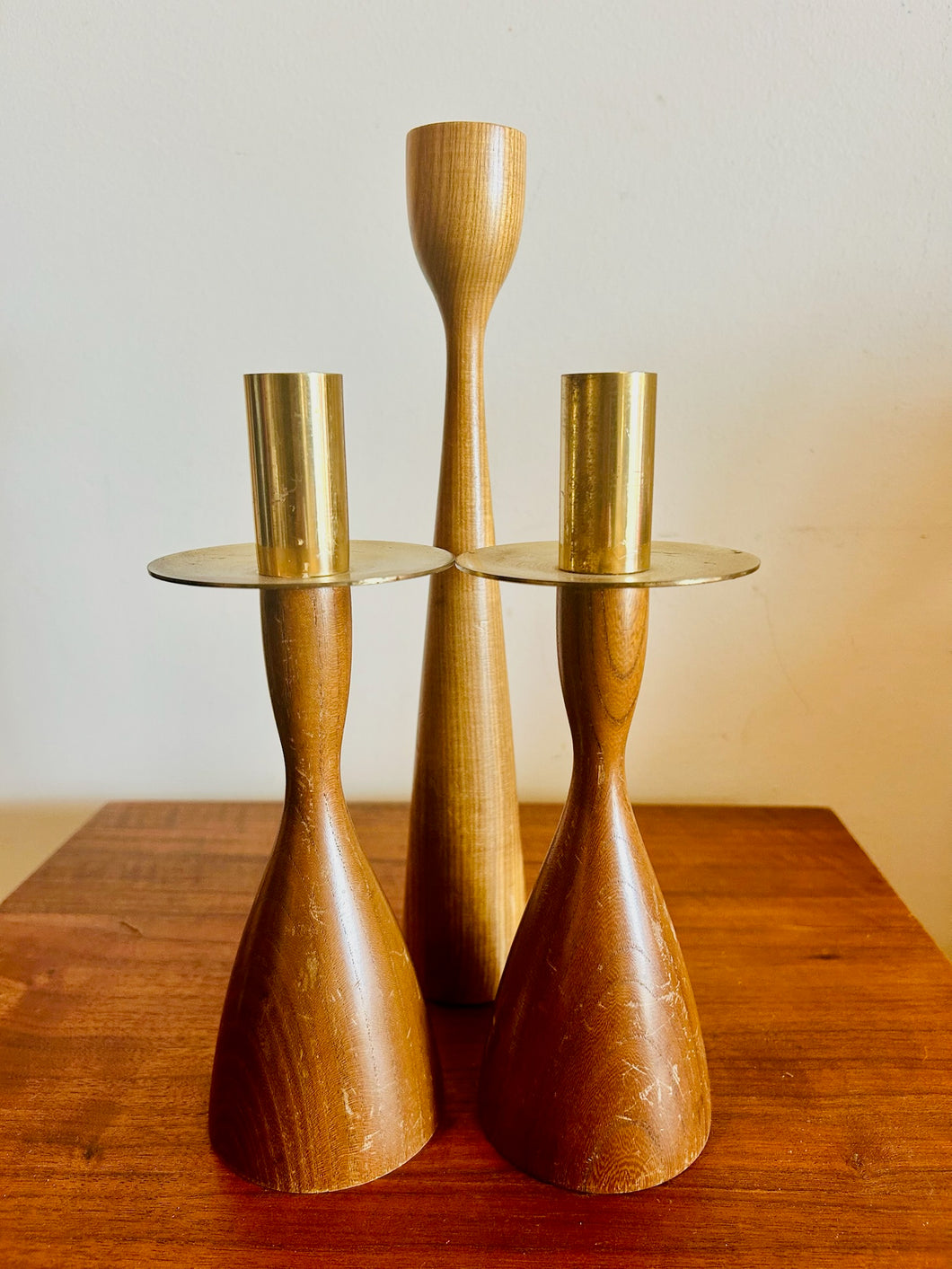 Handmade Mid-Century Modern Cherry Candlesticks set of 3