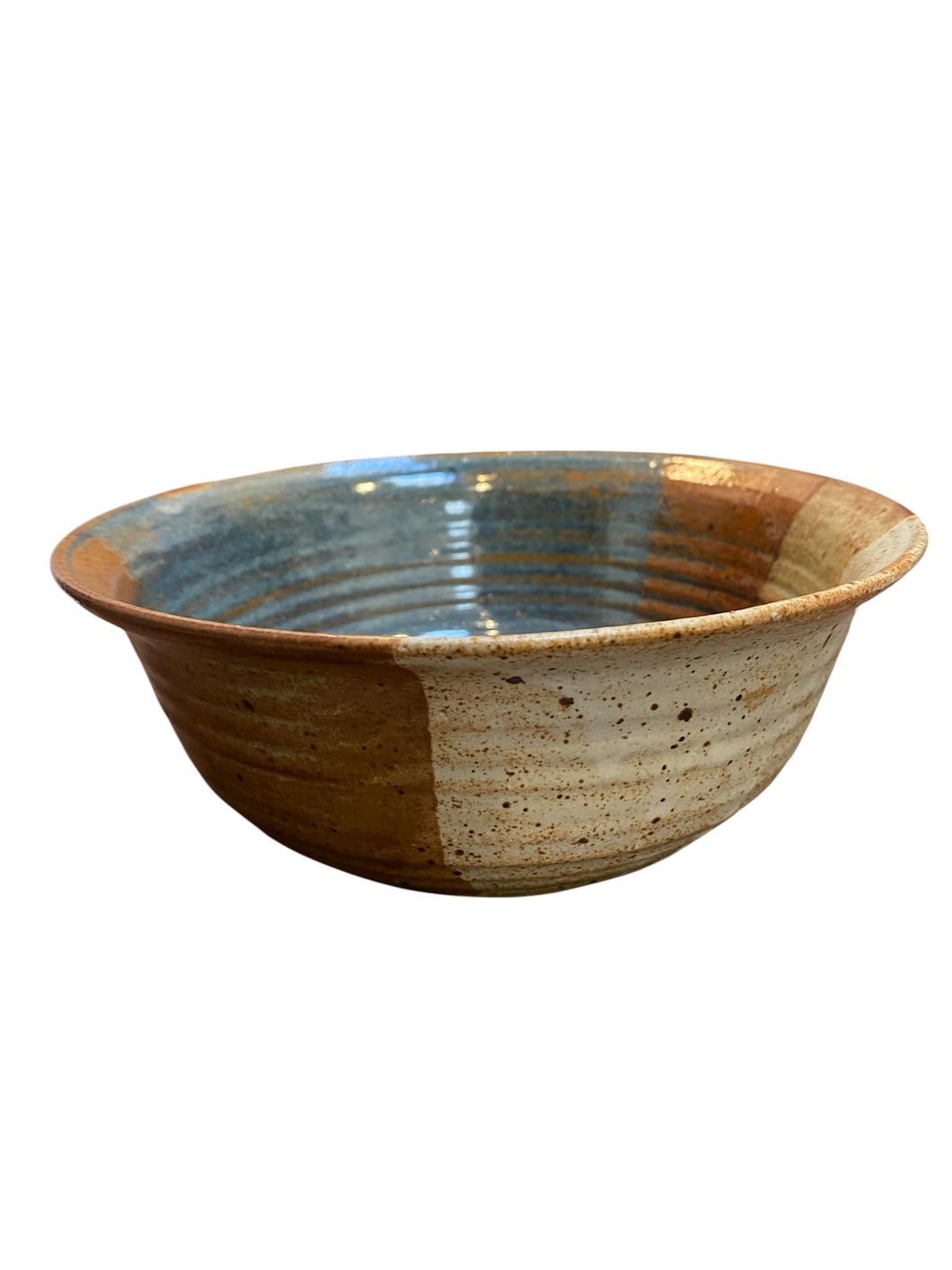 Multi-colored Glaze with Earthy tones, Including shades of Brown, White, and a Bluish-green.