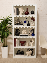 Load image into Gallery viewer, Image 1 of 12: White five-tier bookcase with playful scalloped shelf trim and clean open shelving.
