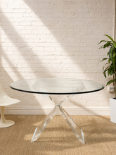 Load image into Gallery viewer, Vintage round glass dining table with sculptural clear Lucite starburst base.
