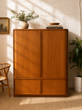 Load image into Gallery viewer, Vintage Mid-Century Modern Tambour Media Cabinet with Curved Wood Doors
