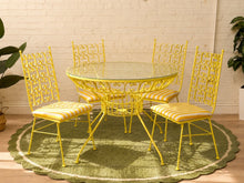 Load image into Gallery viewer, Arthur Umanoff Vintage Yellow Patio Dining Set with Glass Top Table and Four Chairs
