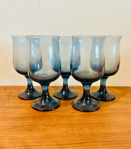 Vintage Libby Blue Tulip Wine Glasses Set of 5