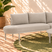 Load image into Gallery viewer, Elara curved outdoor sectional sofa in Warm Stone with plush cushions, slim aluminum frame, woven rope details, and two round nesting tables
