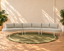 Load image into Gallery viewer, Elara curved outdoor sectional sofa in Warm Stone with plush cushions, slim aluminum legs, and woven rope detailing
