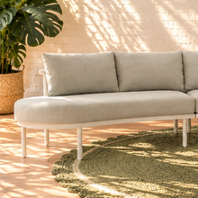 Load image into Gallery viewer, Elara curved outdoor sectional sofa in Warm Stone with plush cushions, slim aluminum legs, and woven rope detailing
