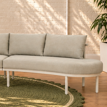 Load image into Gallery viewer, Elara curved outdoor sectional sofa in Warm Stone with plush cushions, slim aluminum legs, and woven rope detailing
