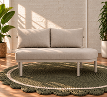 Load image into Gallery viewer, Elara right-arm outdoor sofa section in Warm Stone with curved cushioned seat, two back cushions, and slim aluminum frame
