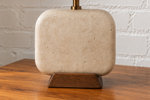 Load image into Gallery viewer, Image 5 of 6: Elio natural travertine table lamp with linen-textured shade and walnut wood base
