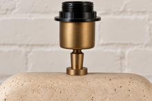 Load image into Gallery viewer, Image 6 of 6: Elio natural travertine table lamp with linen-textured shade and walnut wood base
