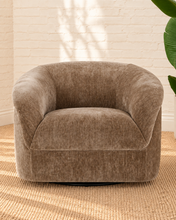 Load image into Gallery viewer, Ellie mocha beige upholstered accent chair with rounded wraparound arms, curved back, tight seat and softly textured fabric.
