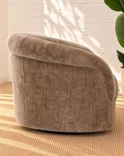 Load image into Gallery viewer, Ellie mocha beige upholstered accent chair with rounded wraparound arms, curved back, tight seat and softly textured fabric.
