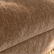 Load image into Gallery viewer, Ellie mocha beige curved two-piece sectional sofa with rounded arms, tight upholstered seat and back, and three coordinating throw pillows.
