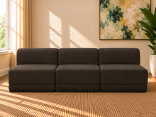 Load image into Gallery viewer, Elton 3-piece armless sectional sofa in Dark Brown boucle with rounded back cushions, deep seats, and modular contemporary design.
