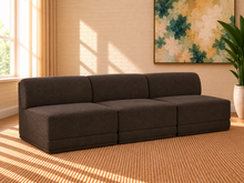 Load image into Gallery viewer, Elton 3-piece armless sectional sofa in Dark Brown boucle with rounded back cushions, deep seats, and modular contemporary design.
