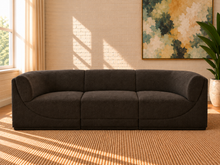Load image into Gallery viewer, Elton 3-piece sectional sofa in dark brown boucle with curved corner arms, deep seating, modular design, and contemporary silhouette.
