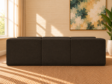 Load image into Gallery viewer, Elton 3-piece sectional sofa in dark brown boucle with curved corner arms, deep seating, modular design, and contemporary silhouette.
