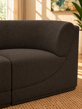 Load image into Gallery viewer, Elton 3-piece sectional sofa in dark brown boucle with curved corner arms, deep seating, modular design, and contemporary silhouette.
