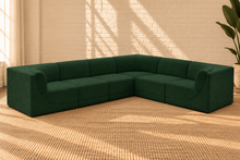 Load image into Gallery viewer, Elton 6-piece L-shaped modular sectional sofa in Forest Lantern green boucle with curved corners, rounded arms, and plush contemporary seating.
