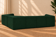 Load image into Gallery viewer, Elton 6-piece L-shaped modular sectional sofa in Forest Lantern green boucle with curved corners, rounded arms, and plush contemporary seating.

