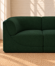 Load image into Gallery viewer, Elton 6-piece L-shaped modular sectional sofa in Forest Lantern green boucle with curved corners, rounded arms, and plush contemporary seating.
