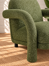 Load image into Gallery viewer, Esme avocado green lounge chair with textured woven upholstery, rounded back, wide cushioned seat, and sculptural curved arms
