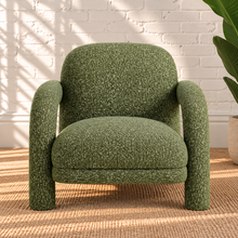 Load image into Gallery viewer, Esme avocado green lounge chair with textured woven upholstery, rounded back, wide cushioned seat, and sculptural curved arms
