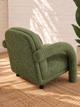 Load image into Gallery viewer, Esme avocado green lounge chair with textured woven upholstery, rounded back, wide cushioned seat, and sculptural curved arms
