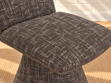 Load image into Gallery viewer, Ethel upholstered dining chair in Mocha Charcoal interwoven polyester fabric with sculptural pedestal base
